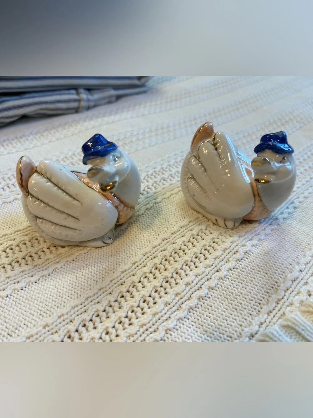 Vintage Ceramic Goose Figurines Set of 2 Coquette Cottagecore Blue Bow Hats